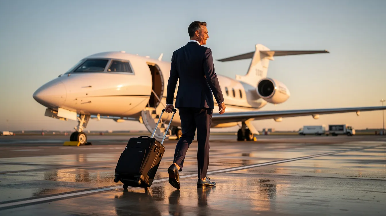 A business professional is walking confidently toward a private jet on the airport ramp, ready for a charter flight. This scene highlights the convenience and luxury of private jet travel, emphasizing the efficiency and personalized service offered by private aviation.
