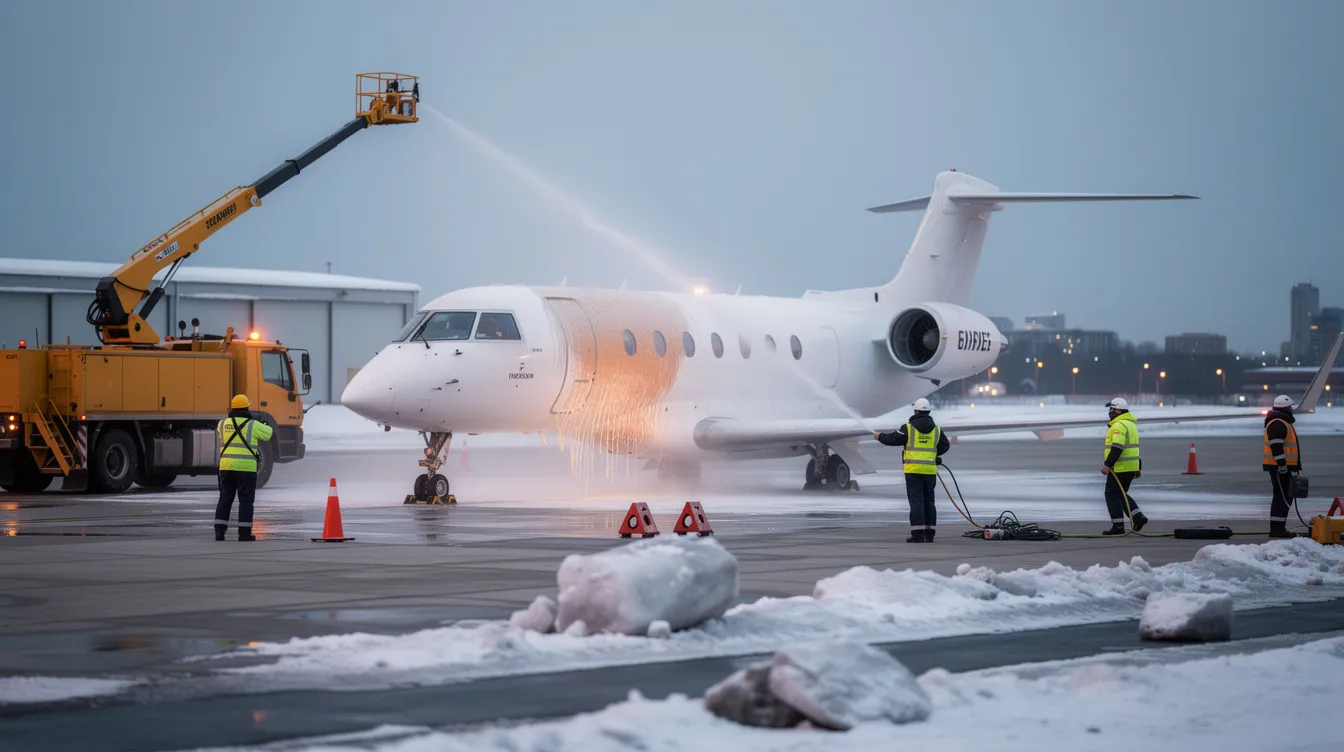 A private jet is parked on the airport ramp, surrounded by ground crew members who are busy de-icing the aircraft in preparation for winter flights. This scene highlights the importance of private aviation services, ensuring safe and efficient travel even during high demand periods.