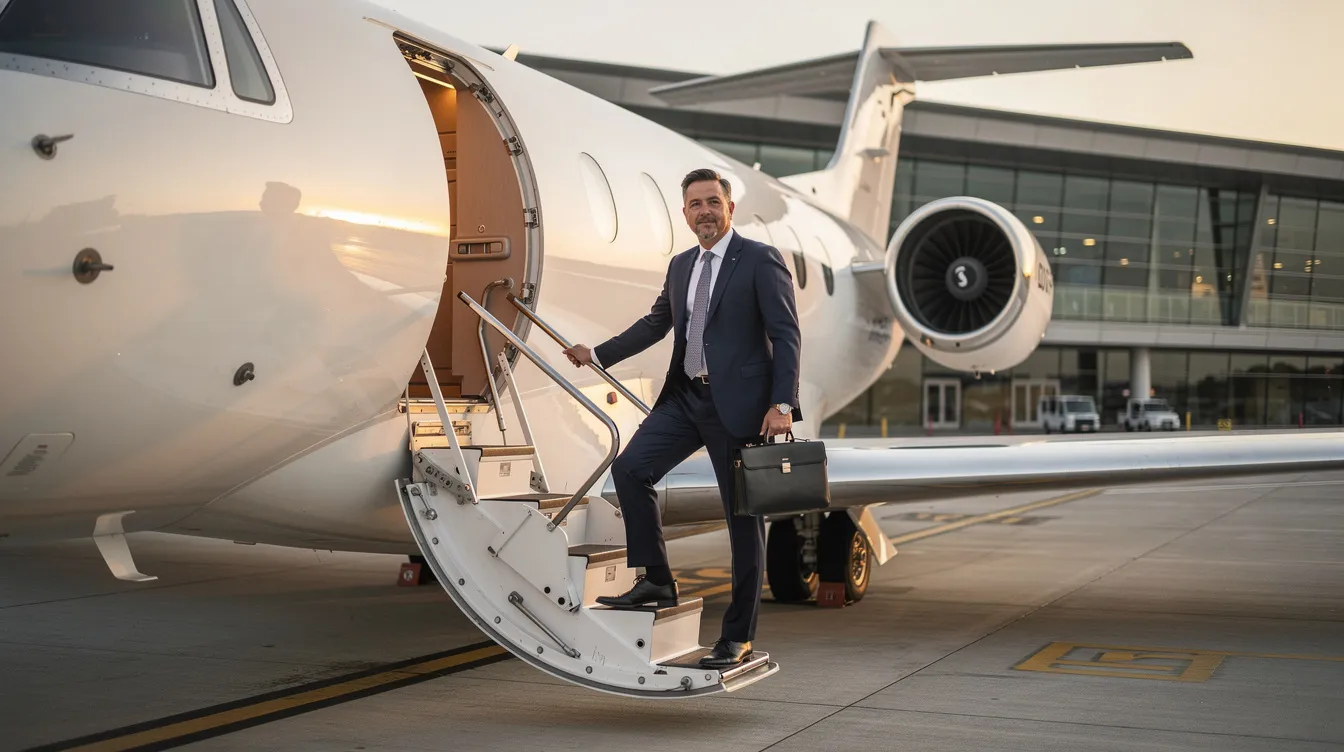 A business executive in professional attire is stepping onto the stairs of a private jet at a modern aviation terminal, showcasing the luxurious access that private aviation provides. The scene highlights the convenience of private jet cards, emphasizing the guaranteed aircraft availability and personalized service that cater to frequent travelers' needs.