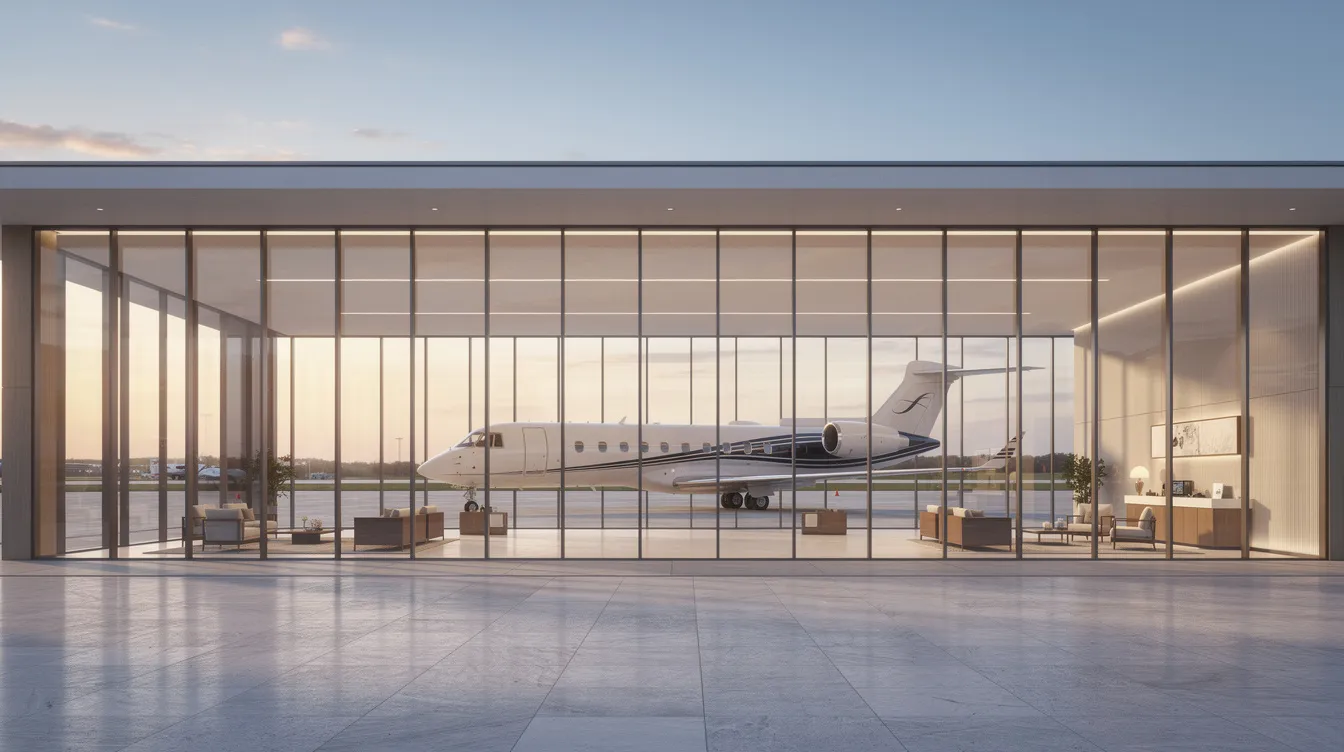 The image depicts a modern private aviation terminal featuring expansive floor-to-ceiling glass windows, allowing a clear view of a private jet parked on the ramp. This elegant facility exemplifies the luxury and convenience of private jet access, catering to travelers seeking personalized service and guaranteed aircraft availability.
