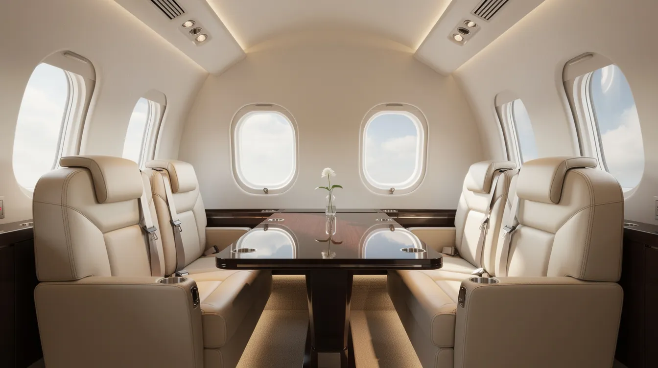 The image depicts a club seating arrangement inside a private jet, featuring four luxurious leather seats arranged to face each other around a glossy table, creating an inviting space ideal for business meetings or relaxed conversations. This setup offers ample room and comfort for up to eight passengers, highlighting the spacious cabin environment typical of private aviation.