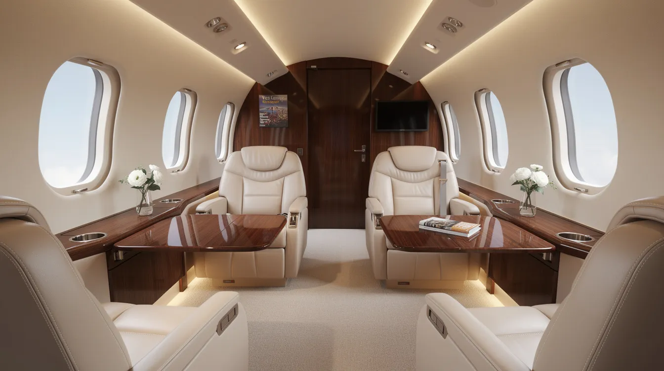 The image depicts the interior of a midsize private jet cabin featuring cream leather club seats and elegant wood-grain tables, designed for comfort and style during private jet travel. This spacious cabin environment offers ample room for up to eight passengers, making it ideal for business meetings or leisure trips.