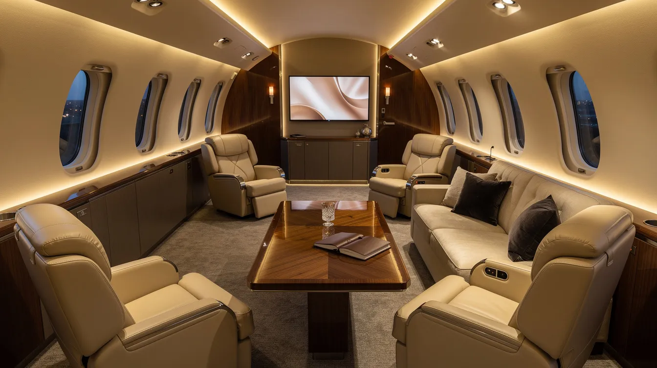 The image depicts the spacious interior of a heavy private jet cabin, featuring multiple seating zones with club seating arrangements and warm ambient lighting. This luxurious environment is designed for comfortable private jet travel, accommodating up to eight passengers with ample room and enhanced amenities.