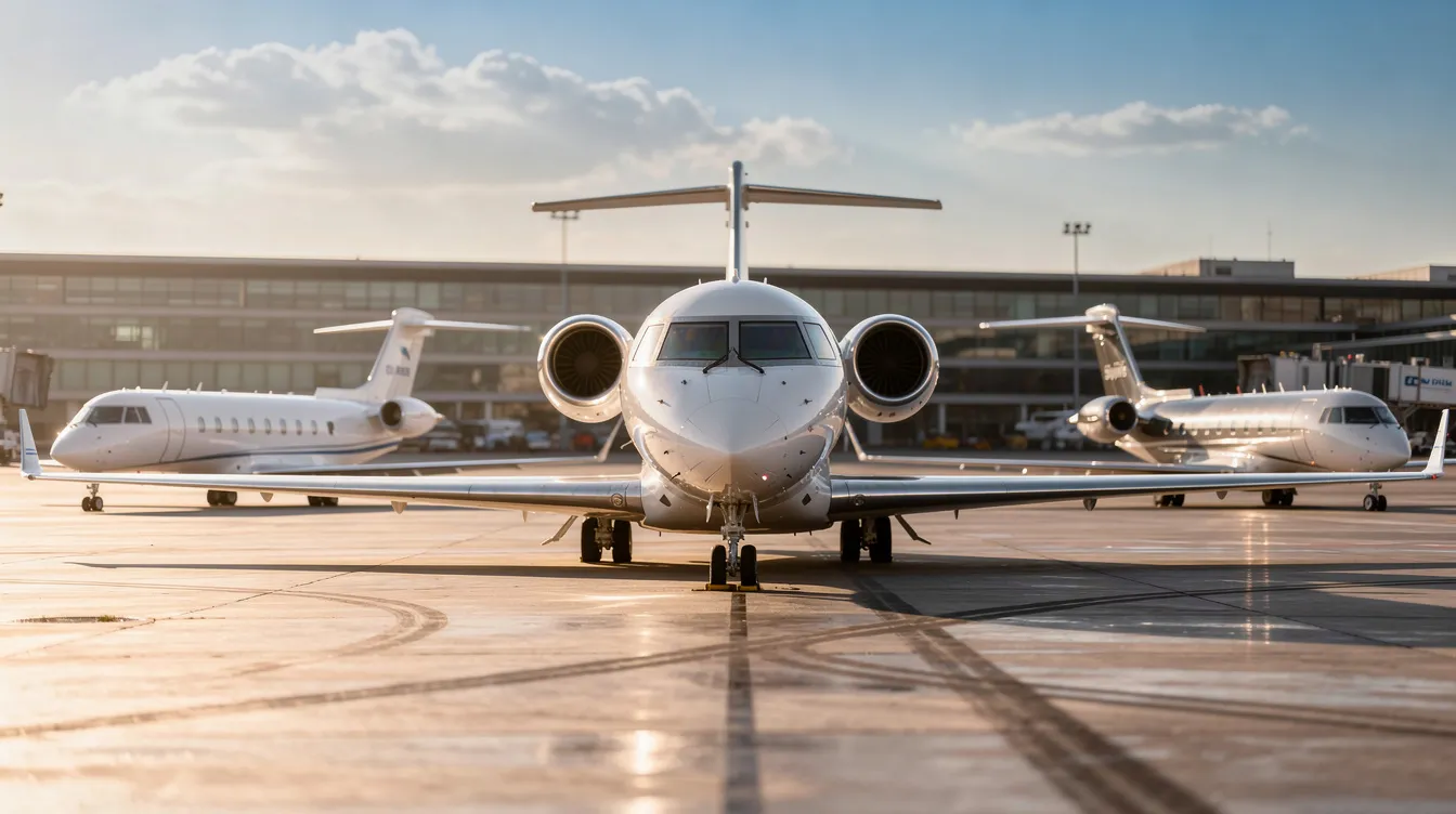 The image features several modern business jets of varying sizes parked on a sunlit airport tarmac, showcasing private jets known for their innovative safety features and outstanding safety records. Among them are models like the Dassault Falcon 8X and Bombardier Global 7500, highlighting the advanced avionics and cutting-edge technology that prioritize safety in private aviation.