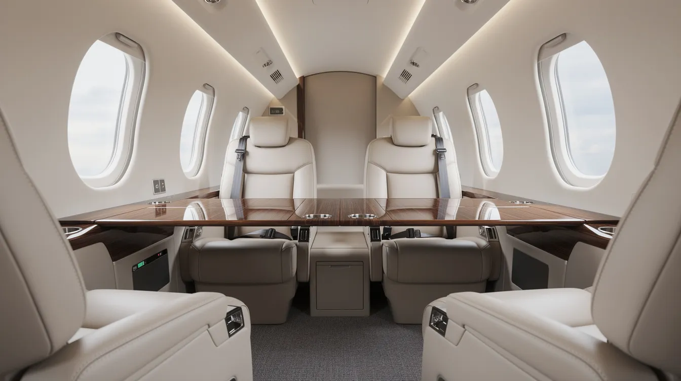 The image depicts the interior of a modern light jet cabin, featuring luxurious leather club seats, large oval windows that provide ample natural light, and a polished wood trim table, highlighting the elegance of personal aircraft design. This sophisticated space is designed for comfort and style, accommodating up to six passengers in a private aviation setting.