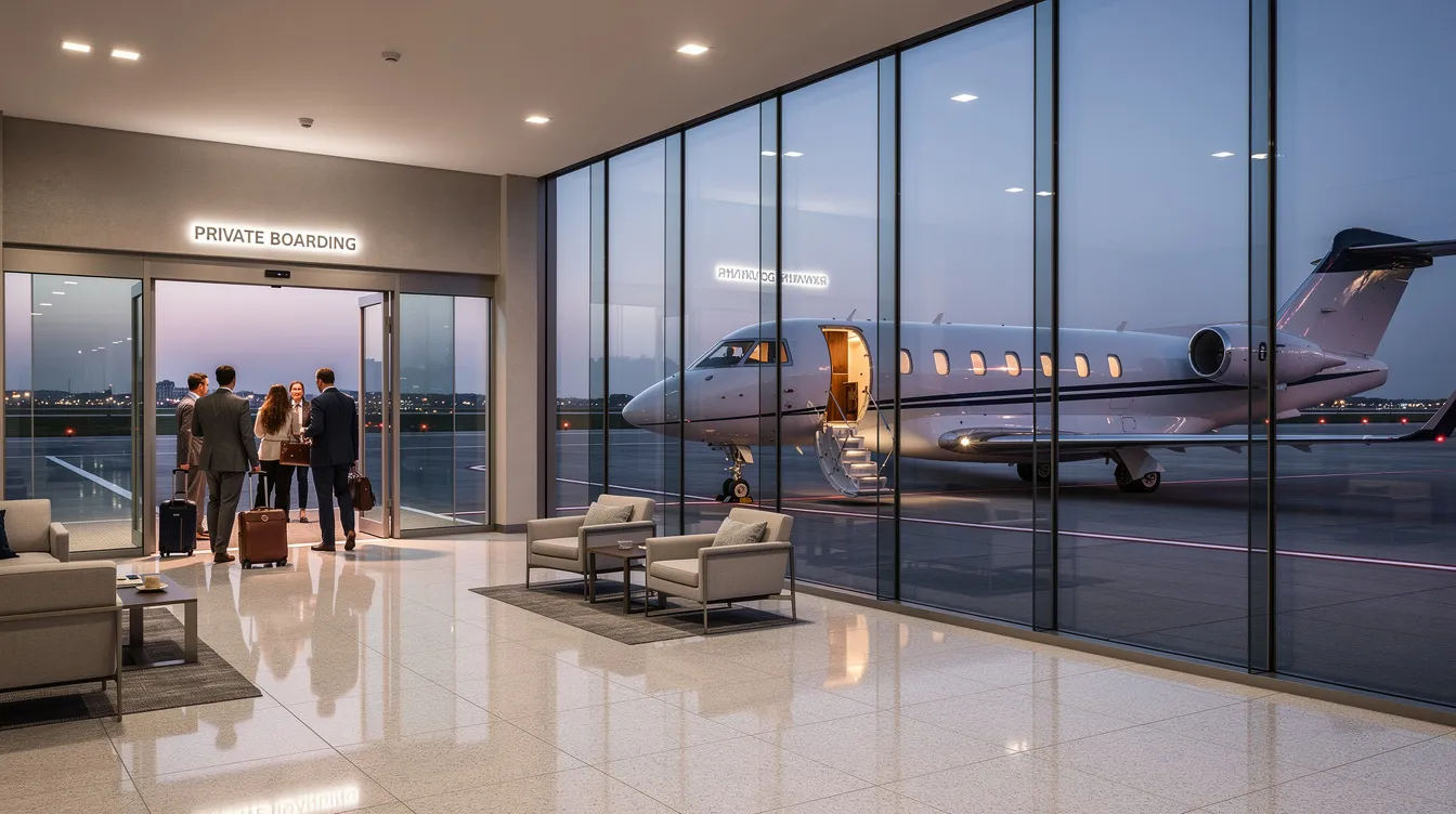 The image depicts a private aviation terminal with large glass windows showcasing a sleek small jet aircraft, likely a light jet, as passengers walk towards it. This scene emphasizes the luxury of personal aircraft ownership and the efficiency of private aviation.