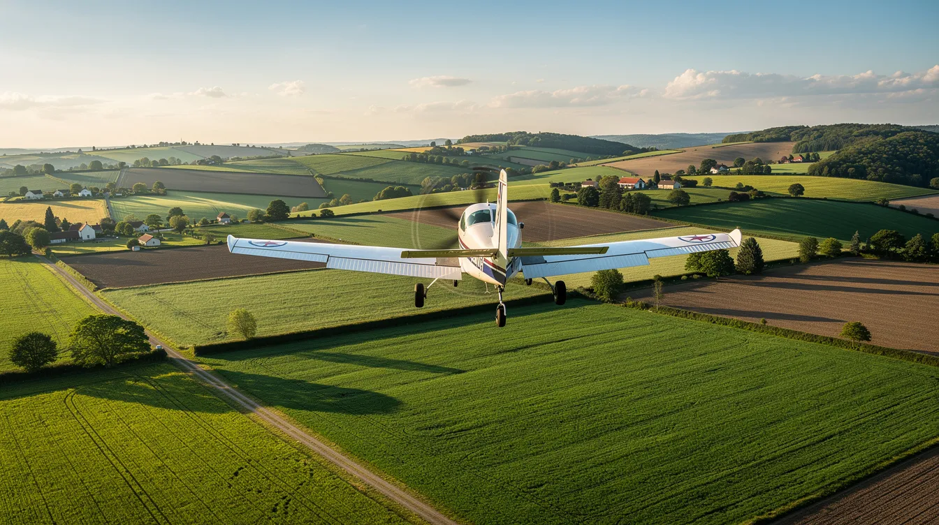 A small single-engine jet aircraft, resembling the popular Cirrus Vision Jet, glides gracefully over a lush green countryside dotted with patches of farmland below. This light jet, designed for personal aviation, showcases its sleek lines and modern avionics against the vibrant landscape.