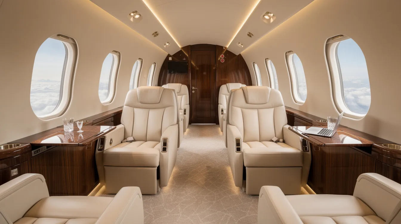 The image depicts the interior of a spacious private jet cabin, featuring luxurious cream leather seats and elegant wood grain accents, ideal for private jet travel. This opulent setting reflects the high standards of private jet charter services, making it perfect for those seeking comfort and style in their private aviation experience.