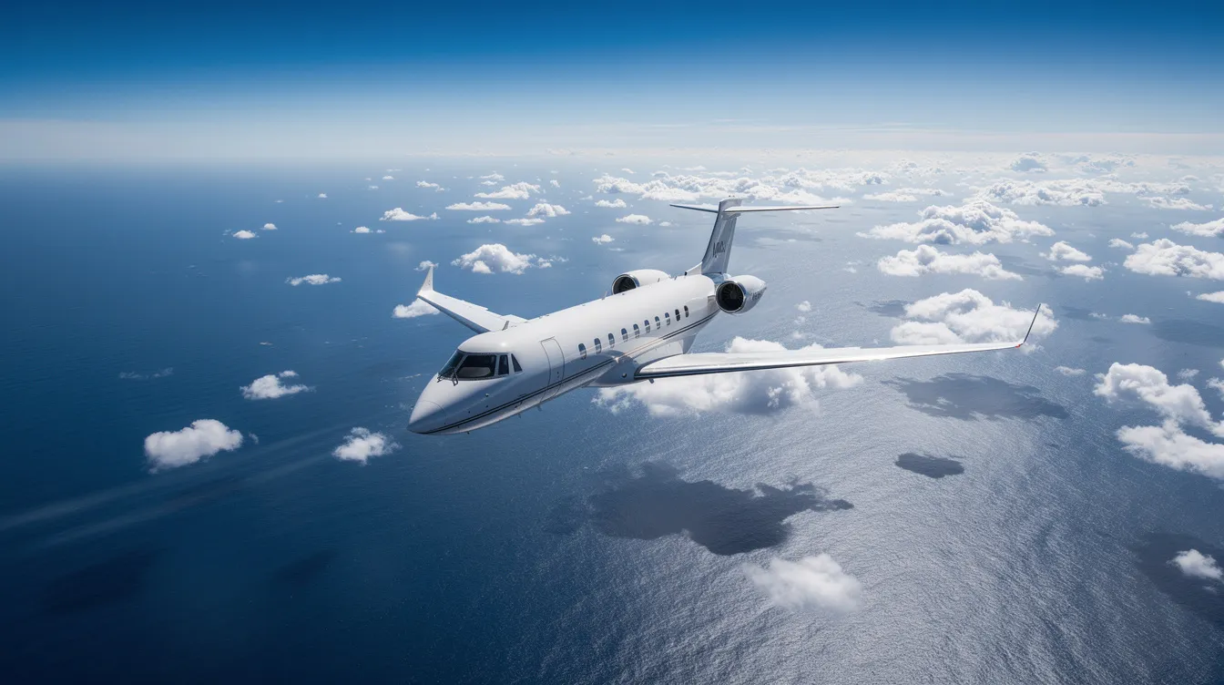 A sleek private jet soars high above a vast blue ocean, with fluffy white clouds scattered below, symbolizing the luxury and freedom of private jet travel. This serene aerial view captures the essence of flying private, offering a glimpse into the world of private jet charter services.