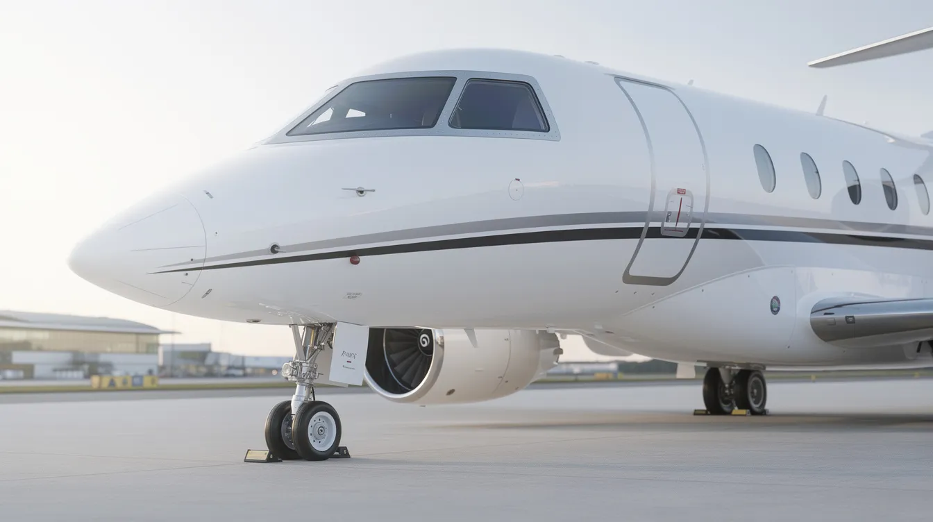 This close-up image showcases the sleek nose and engine of a modern business jet parked on a clean tarmac, highlighting the sophistication of private aviation. The design reflects the efficiency and luxury associated with private jet travel, ideal for those considering private jet charter options.