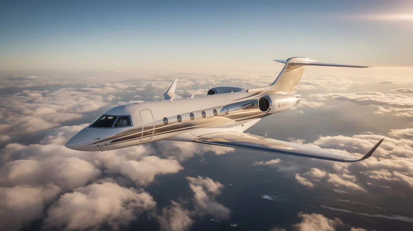 A sleek private jet soars high above the Atlantic Ocean, with fluffy clouds below and sunlight glinting off its fuselage, showcasing the luxury of private jet travel. This scene captures the essence of flying private, emphasizing the freedom and elegance associated with private jet charter services.