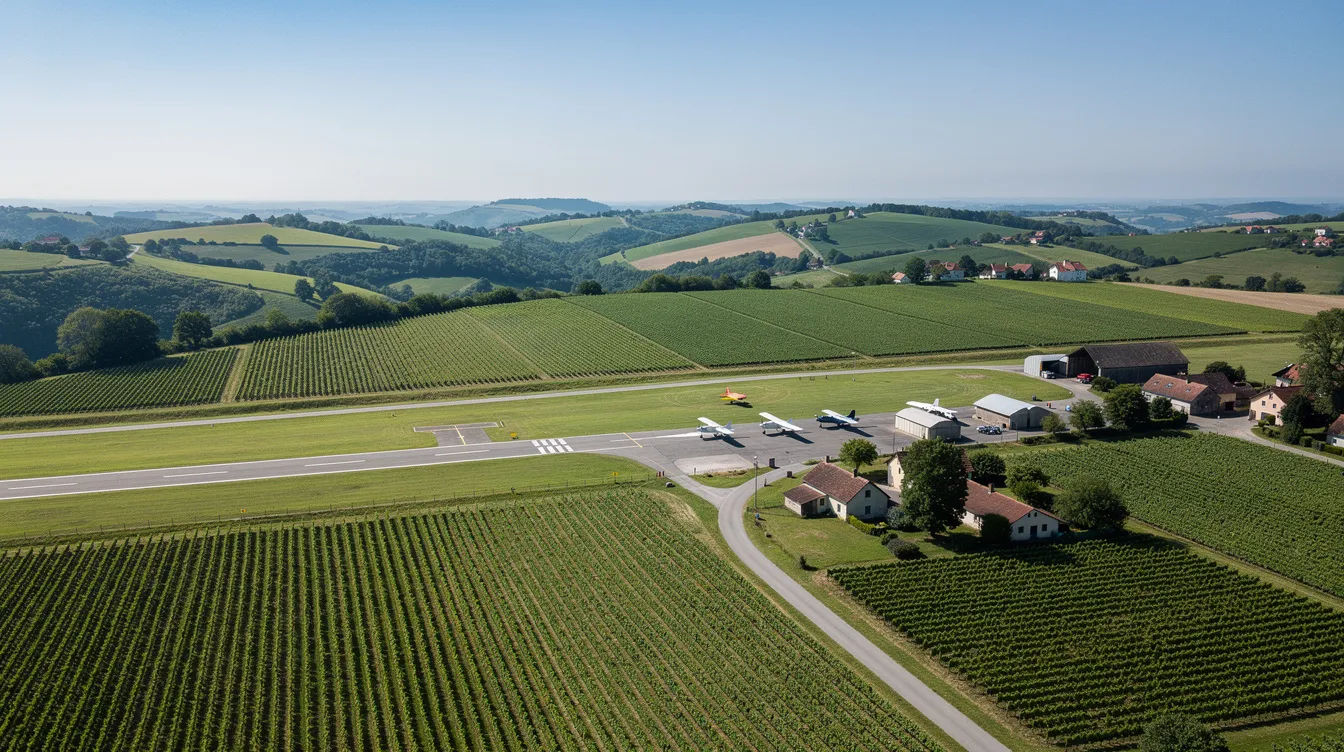An aerial view showcases a vibrant green European countryside, dotted with rolling vineyards and a small airstrip, ideal for private jet flights. This picturesque landscape highlights the charm of private aviation, emphasizing the allure of flying privately to explore such beautiful regions.