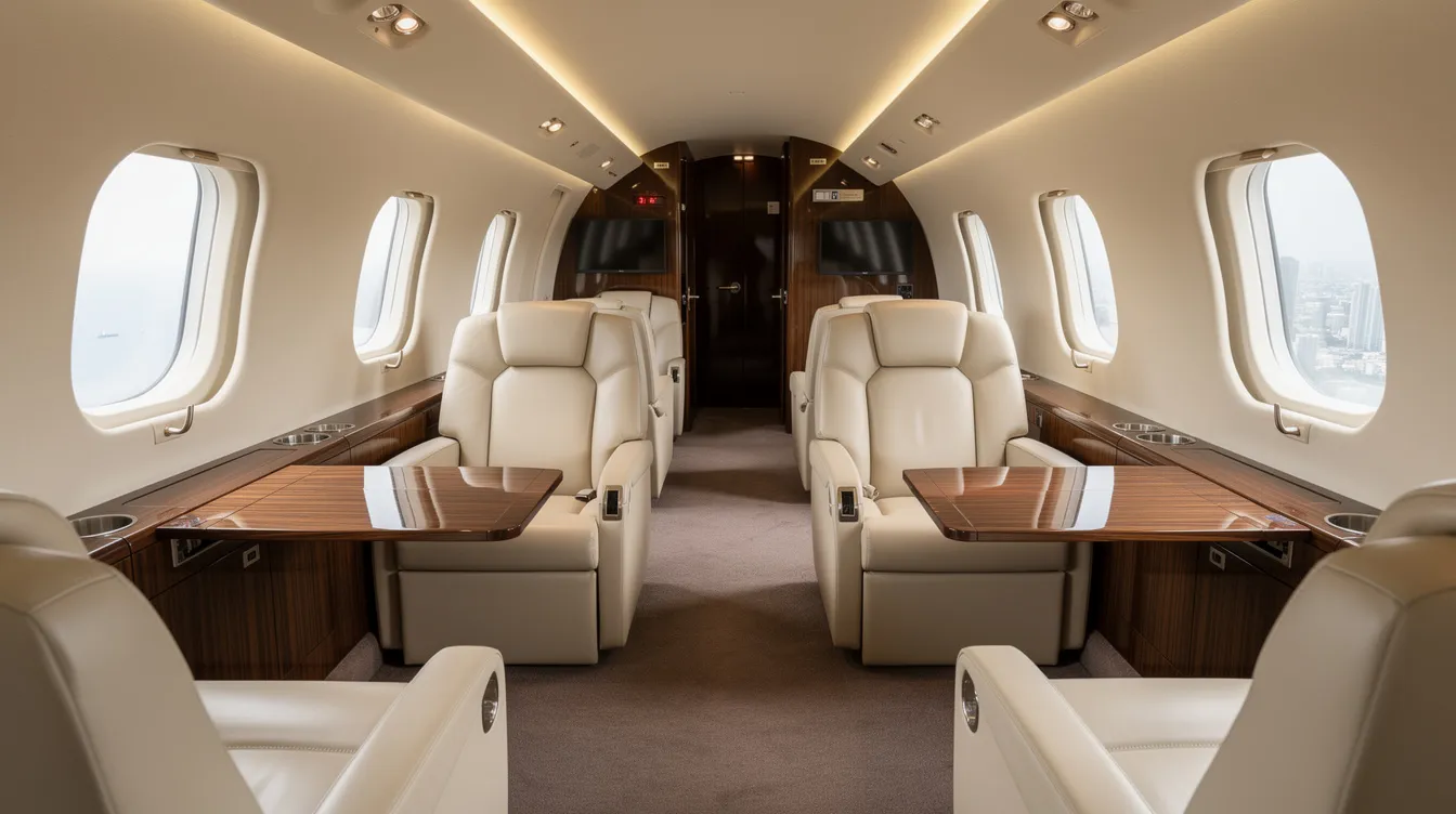 The image depicts the interior of a spacious heavy jet cabin, featuring luxurious cream leather seats, elegant wood grain finishes, and large oval windows that provide ample natural light. This setting highlights the comfort and sophistication associated with private jet travel, making it an ideal choice for those considering private jet charter services for their journeys.