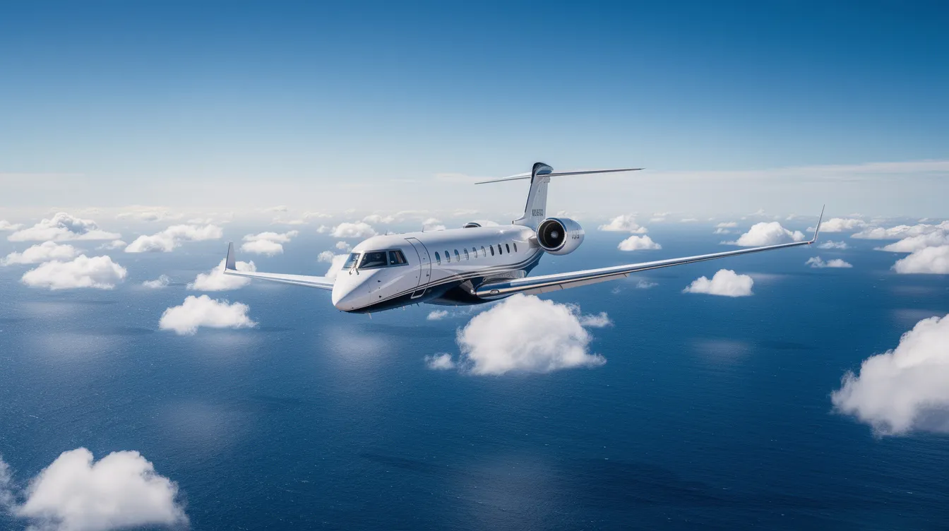 A large private jet soars above a vast blue ocean, surrounded by scattered clouds below, showcasing the elegance of private aviation. This image captures the essence of flying private, highlighting the luxurious experience of private jet charter flights.