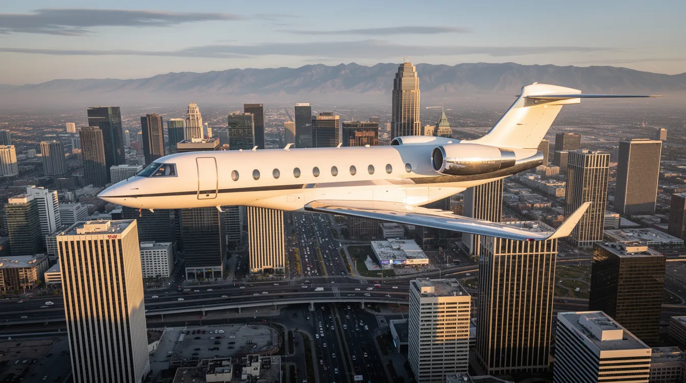 An aerial photograph captures a private jet soaring above a vast urban cityscape, with distant mountains framing the horizon. This image highlights the luxury of private jet travel, showcasing the efficiency and elegance of flying private.