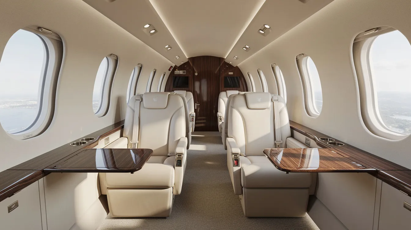 The image depicts the interior of a midsize private jet cabin featuring luxurious cream leather seats and elegant wood grain accents, illuminated by natural light streaming through oval windows. This opulent setting is ideal for private jet travel, offering comfort and style for passengers flying private.