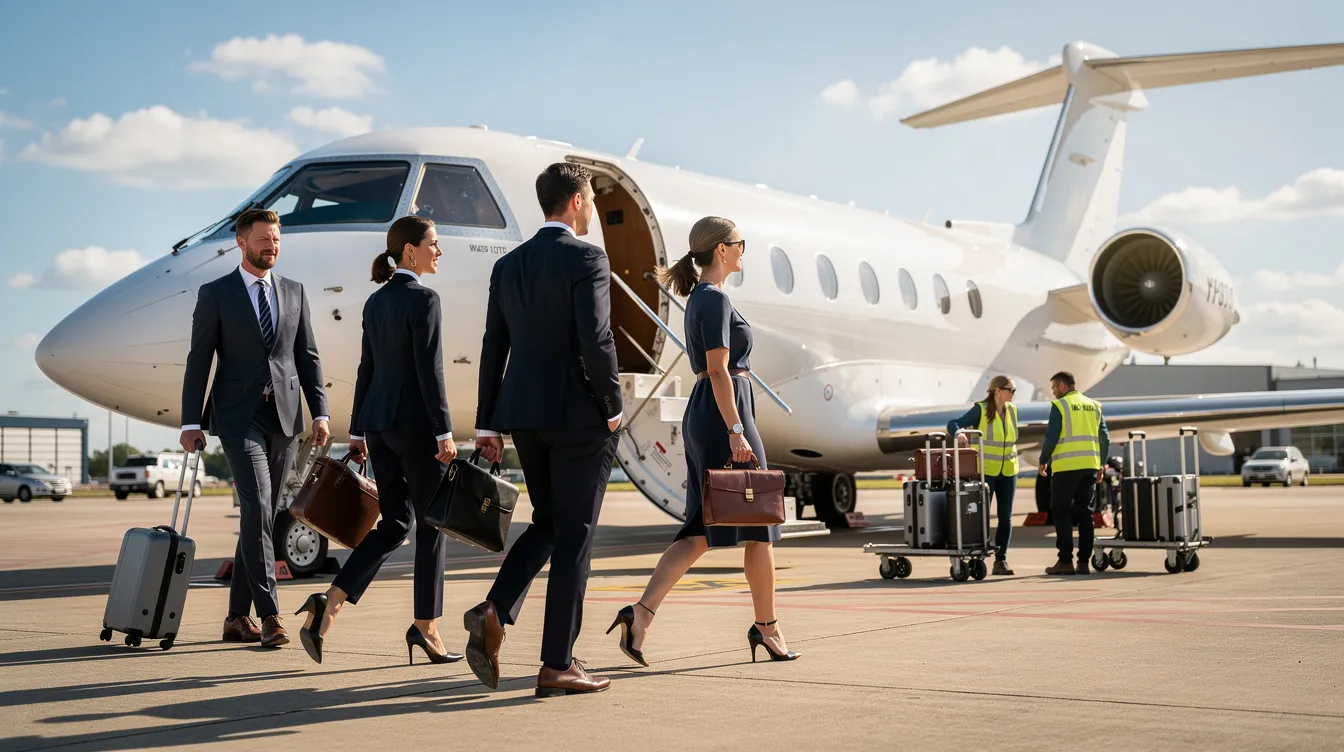 A group of business professionals is walking towards a private jet under the bright sun on a tarmac, with luggage being loaded in the background, highlighting the convenience of private jet travel and the efficiency of private jet charter flights. This scene reflects the luxurious experience of flying private, where every detail is catered to ensure a smooth departure.