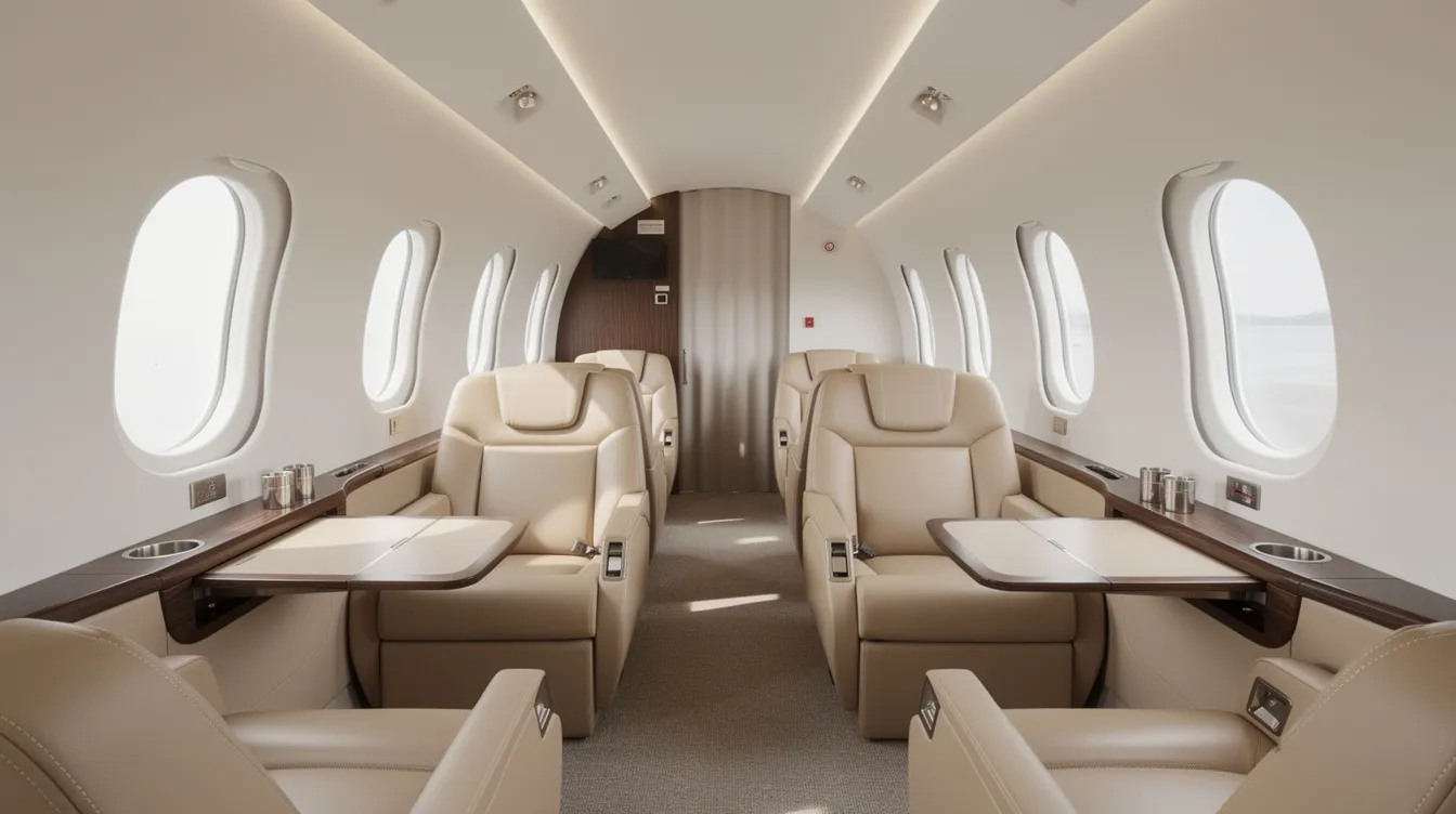 The image depicts the interior of a modern private jet cabin, featuring luxurious leather seating and ample natural light streaming through oval windows. This elegant space exemplifies the comfort and sophistication of private aviation, ideal for both business and leisure travel.