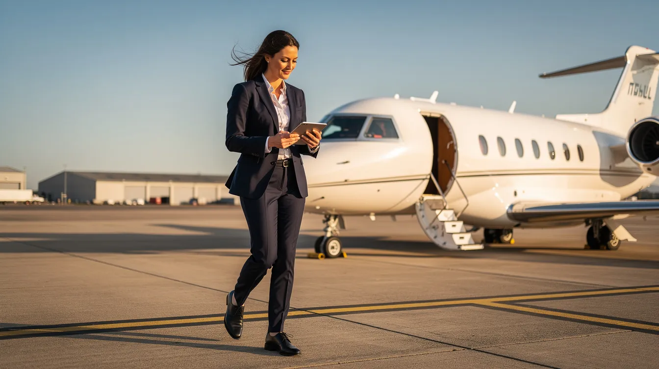 A business professional is seen walking towards a private jet on a sunny day, reviewing a tablet that likely contains important information related to their travel needs. This scene captures the essence of private aviation, showcasing the convenience and efficiency of flying private for business or leisure.