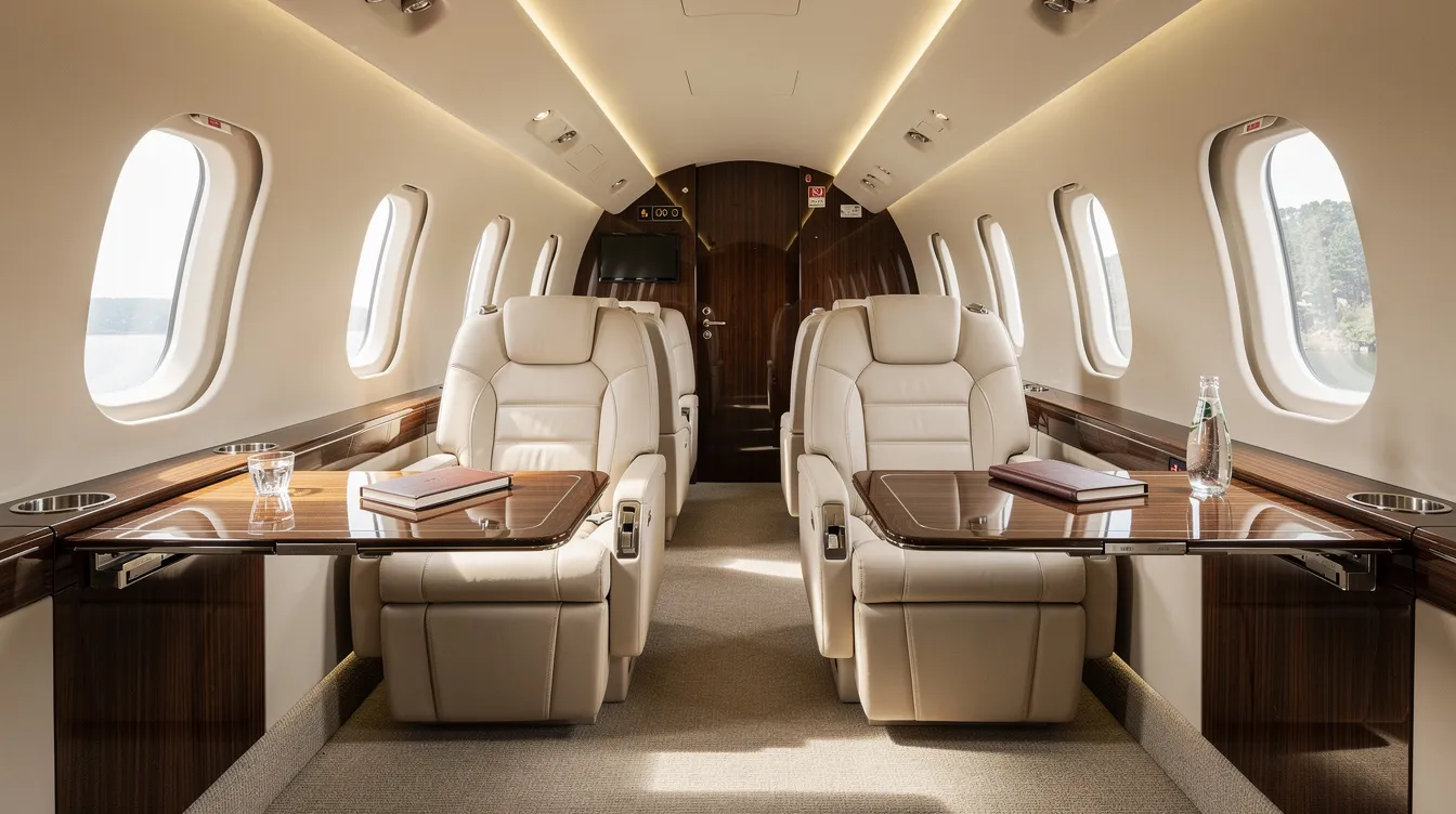 The image depicts the luxurious interior of a private jet cabin featuring cream leather seats and polished wood accents, highlighting the elegance of private aviation. This inviting space is designed for comfort and sophistication, ideal for those flying private with charter companies or interested in private jet travel.