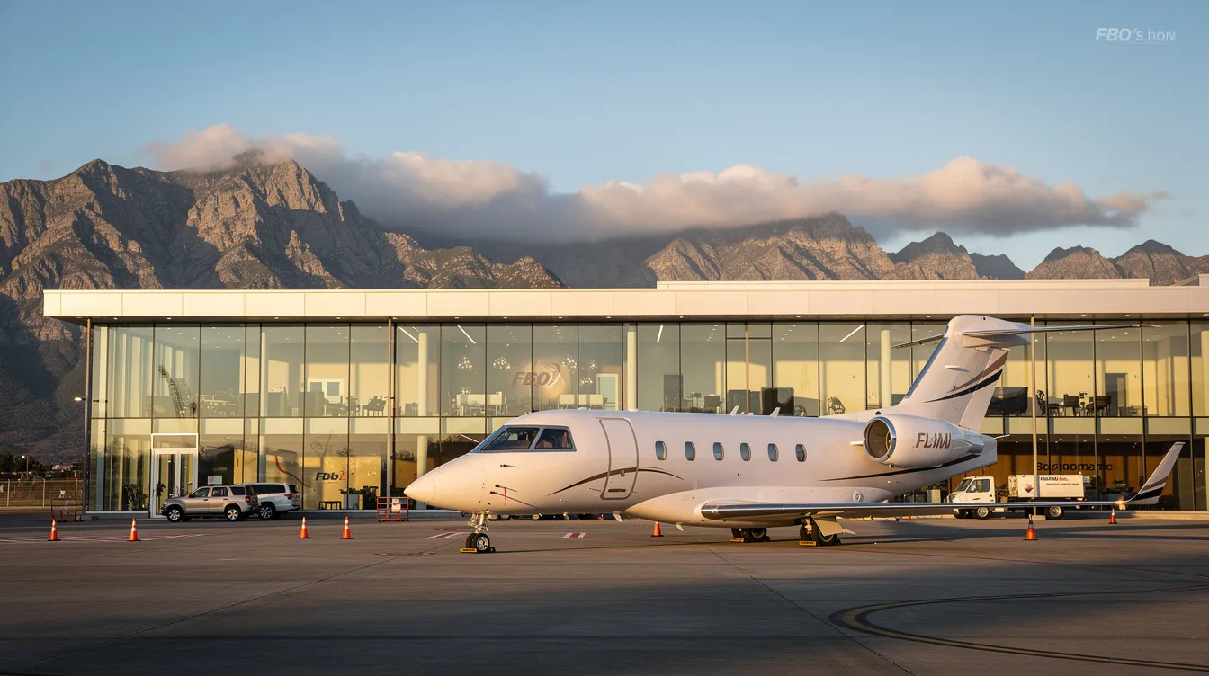 A sleek private jet is parked outside a modern FBO terminal building, with stunning mountains rising in the background, showcasing the luxury and convenience of private aviation. This scene embodies the essence of private jet travel, highlighting the appeal of flying private for discerning clients.