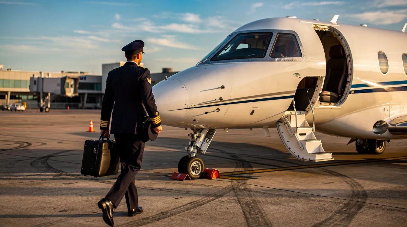 A pilot in a crisp uniform walks confidently toward the cockpit of a sleek business jet on the airport ramp, embodying the essence of private aviation. This scene highlights the importance of skilled team members in providing an exceptional travel experience, a hallmark of a global private aviation leader like NetJets.