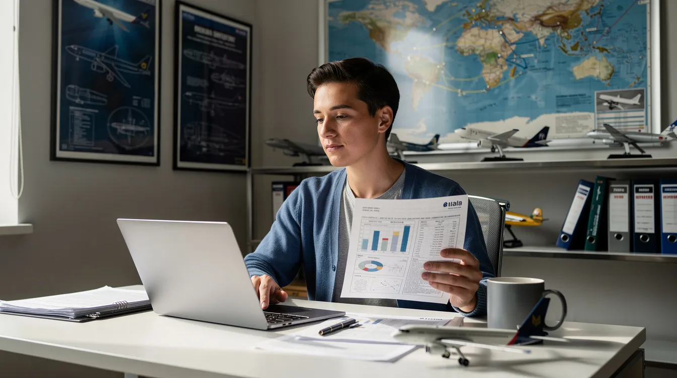 A person is seated at a desk, intently reviewing documents on a laptop in a workspace adorned with aviation-themed decor. This setting reflects a focus on private aviation, highlighting growth opportunities and the exceptional travel experience offered by a global private aviation leader like NetJets.