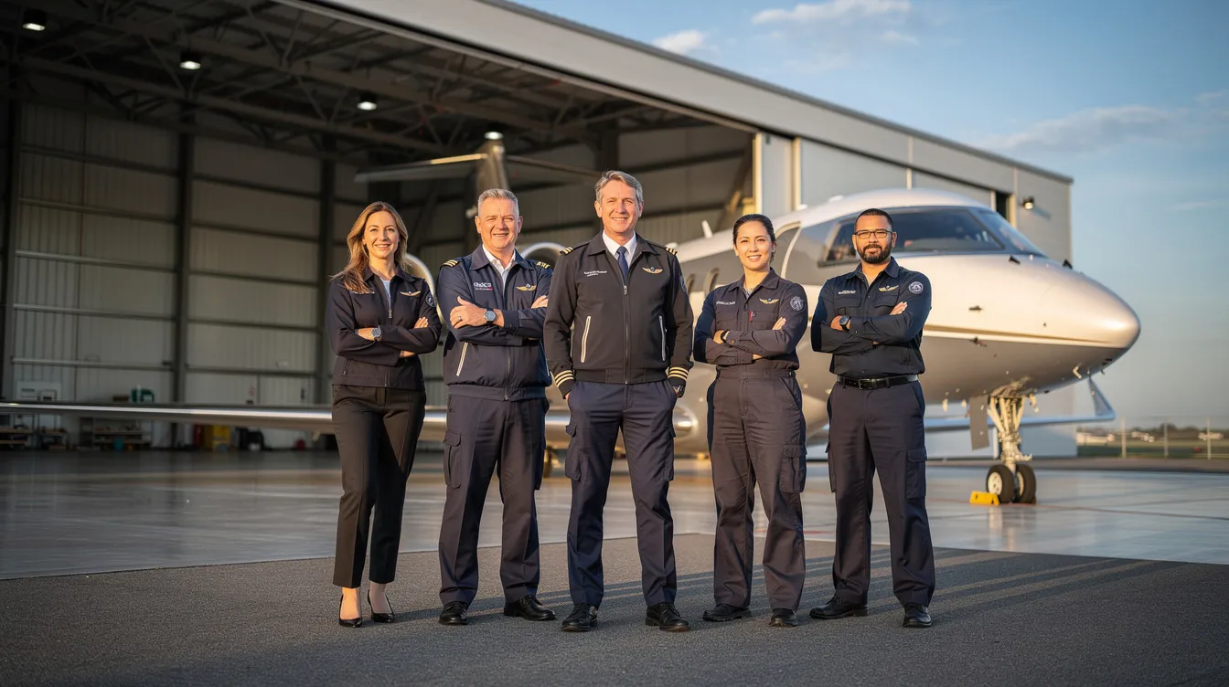 A professional aviation team is gathered near a hangar, with a sleek business jet parked in the background, symbolizing their role as a global leader in private aviation. The team members are dressed in uniforms, showcasing their commitment to providing exceptional travel experiences and personalized service in the industry.