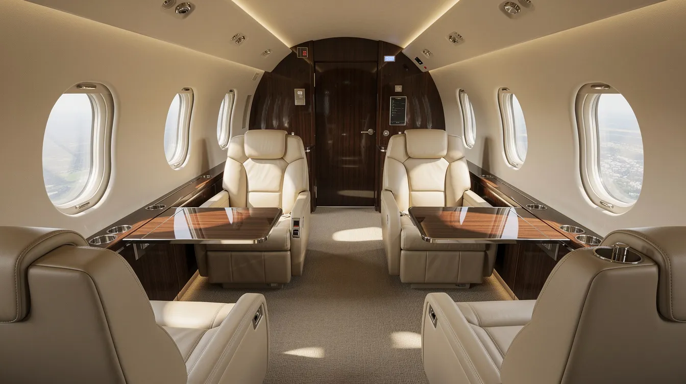 The image depicts the interior of a spacious private jet cabin featuring luxurious leather seats and ample natural lighting, highlighting the elegance of private aviation. This inviting atmosphere is ideal for comfortable private jet travel, showcasing the high-quality design often found in light and midsize jets.