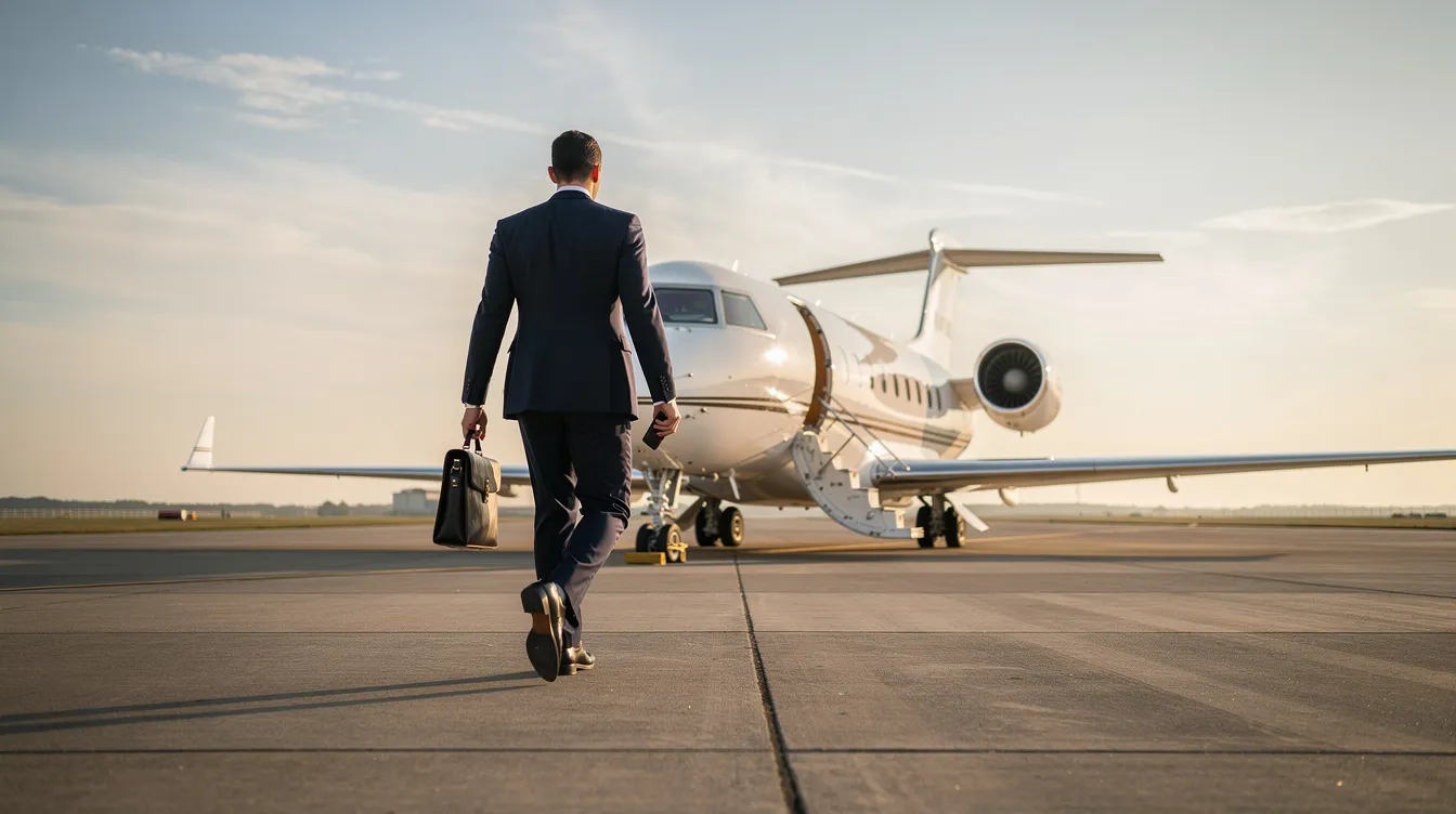 A business executive confidently walks toward a sleek private jet on an airfield, symbolizing the luxury and efficiency of private aviation. This scene highlights the appeal of fractional jet ownership and the benefits of private jet travel, including guaranteed access and predictable pricing.
