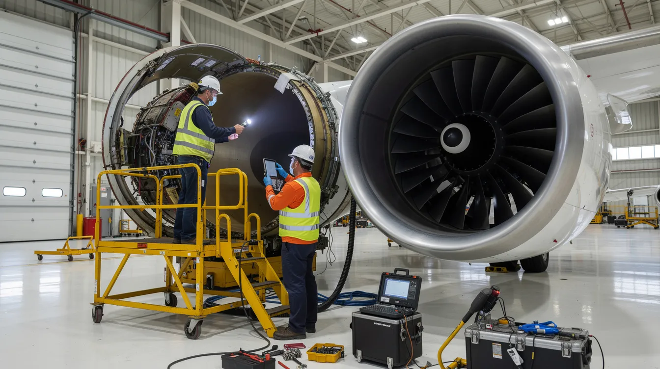 A group of maintenance technicians is inspecting a jet engine in a well-lit hangar, focusing on components such as the engine starter generator and fuel tube assembly. The scene highlights the importance of thorough examination to ensure aircraft safety before flight operations.