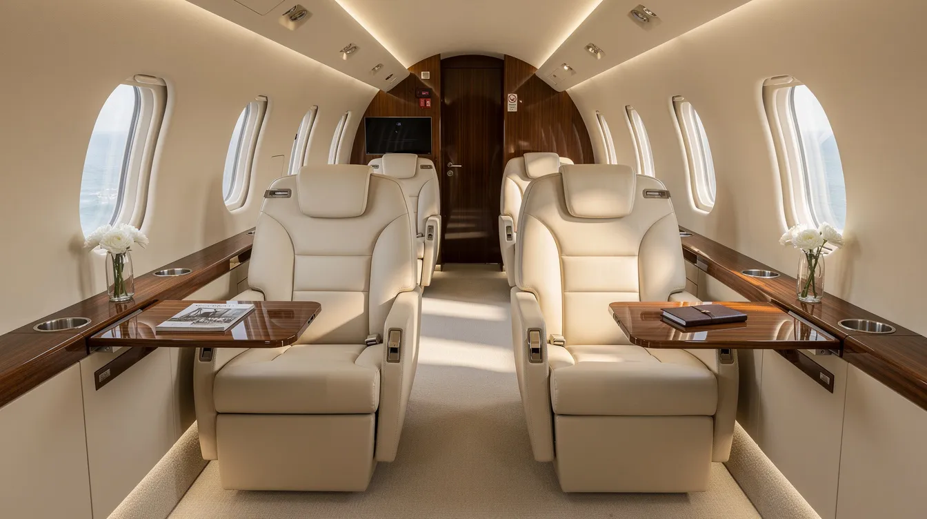 The image depicts the interior of a modern private jet cabin, featuring cream leather seats and elegant wood accents, creating a serene cabin environment ideal for clients seeking exclusive travel. This luxurious space exemplifies private aviation, offering personalized service and direct aisle access for a comfortable flying experience.