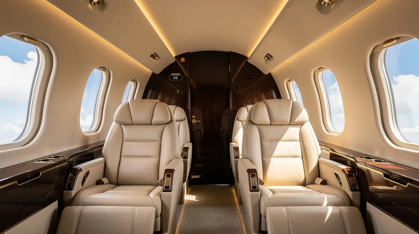 The image depicts the interior of a spacious private jet cabin featuring cream leather lie-flat seats, elegant wood paneling, and large oval windows that reveal a bright blue sky. This luxurious setting exemplifies the comfort and exclusivity of private jet travel, perfect for a private flight to Hawaii or a customized trip planning experience.