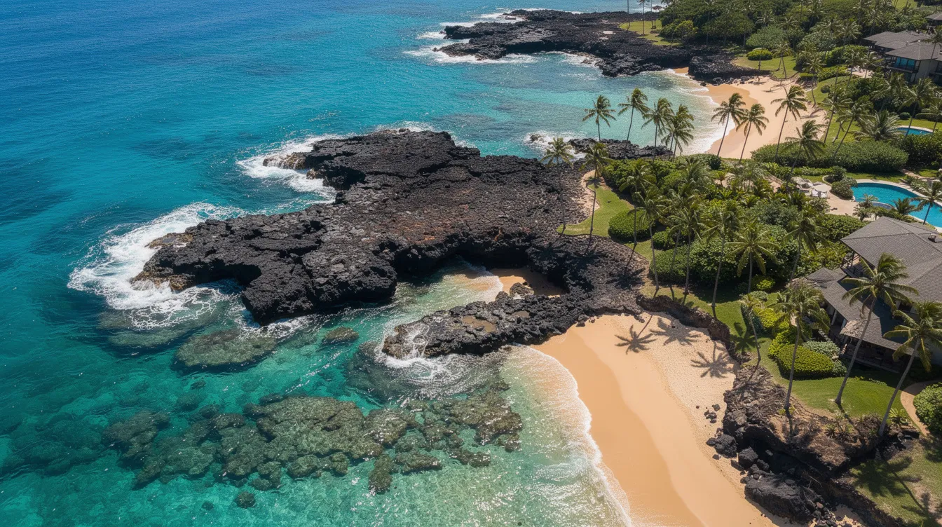 An aerial view of a tropical Hawaiian resort coastline showcases the stunning turquoise waters of the Pacific Ocean, contrasting beautifully with the black lava rocks and lush palm trees. This picturesque scene captures the essence of Hawaii, perfect for those considering private jet travel to explore the islands.