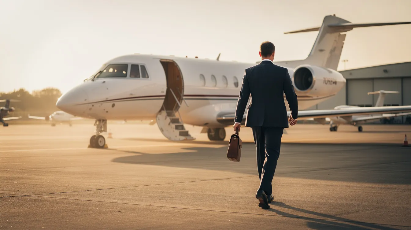 A business executive in a tailored suit strides confidently across a private airport ramp, heading toward a waiting midsize jet, which represents the luxury and convenience of private aviation. This scene highlights the appeal of fractional jet ownership, allowing multiple owners to share the costs and enjoy the benefits of private jet travel.