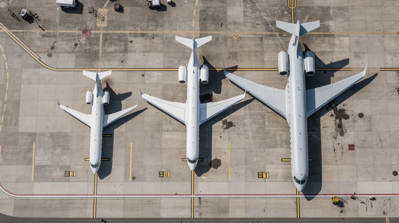 The image shows an aerial view of three private jets of varying sizes parked side by side on an airport ramp, highlighting the diversity of aircraft types available in the private aviation market. This scene reflects the options for fractional jet ownership and private jet charter services, catering to frequent flyers and those considering private aircraft travel.