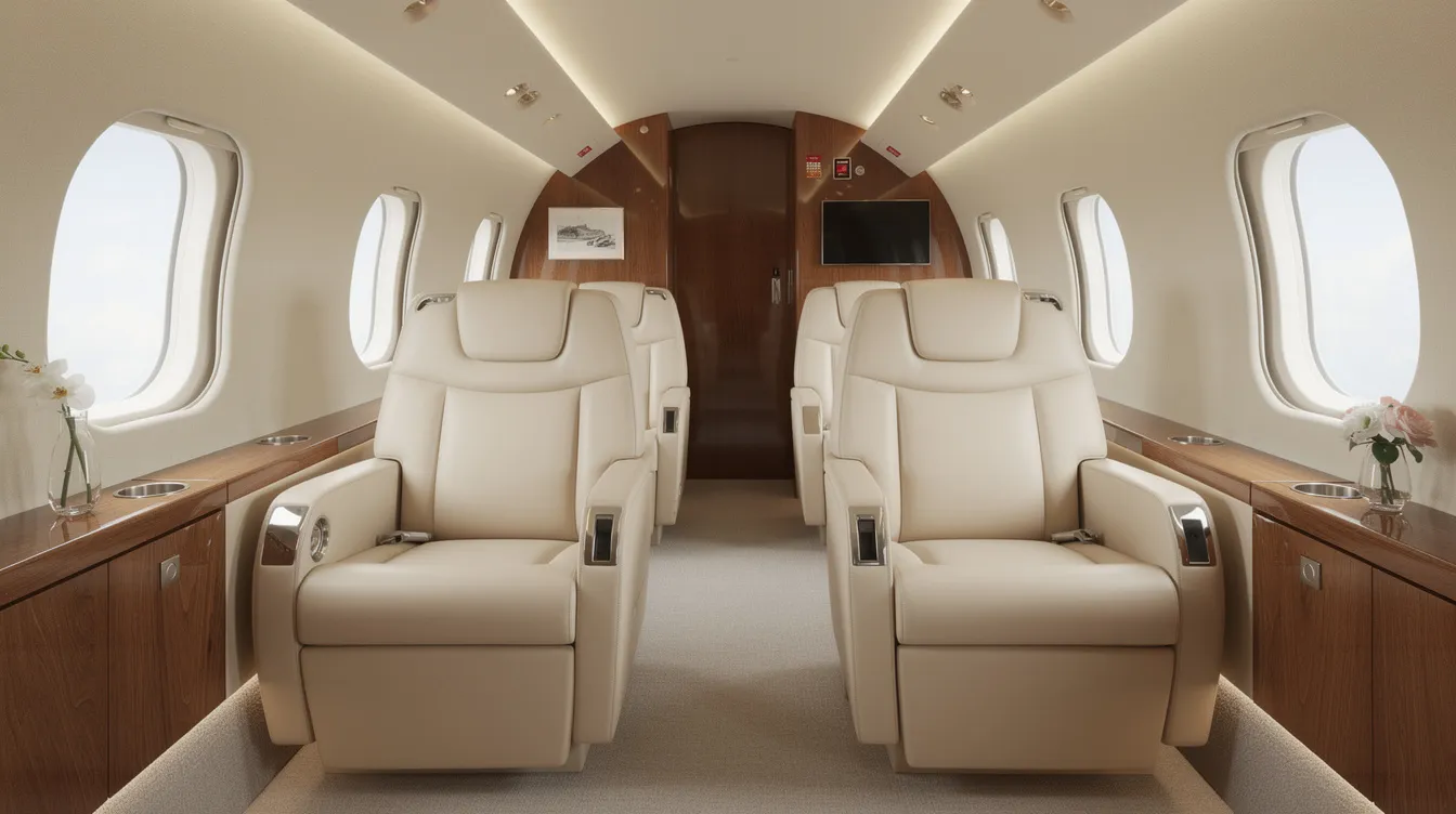 The image depicts the interior of a luxurious Gulfstream cabin, featuring wide leather seats and warm wood paneling, with natural light streaming through large oval windows, creating a spacious and inviting atmosphere for business and leisure travelers. This elegant setting exemplifies the comfort and style associated with private jet travel, perfect for long haul flights and transatlantic private jet journeys.
