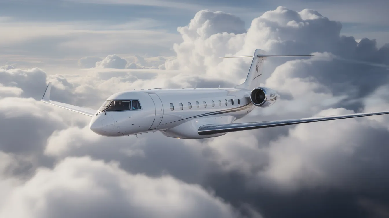 A sleek private jet soars through cloudy skies, showcasing its impressive design and capabilities for long haul flights. This ultra long range aircraft is ideal for business and leisure travelers seeking comfortable and efficient private jet travel across transatlantic routes.