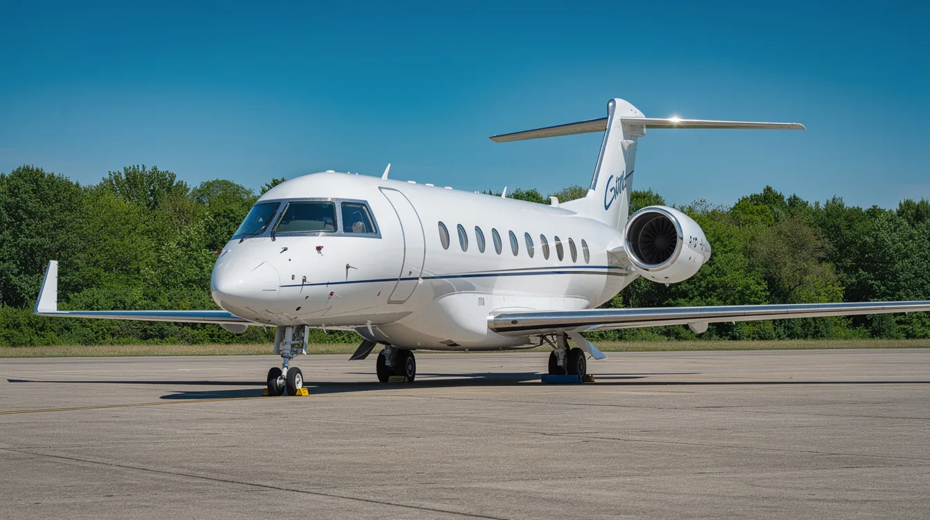 A sleek, modern white business jet is parked on a tarmac, surrounded by lush green trees under a clear blue sky, showcasing the elegance of private jet travel for business and leisure travelers. This ultra long range aircraft symbolizes the convenience and comfort of private jet charters, perfect for long haul flights and transatlantic private jet travel.