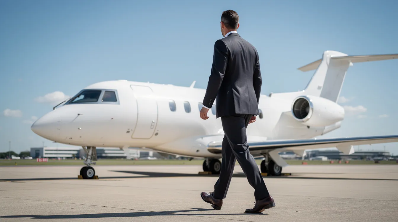 A well-dressed executive strides confidently towards a private jet parked on an airport runway, under a clear blue sky. This scene embodies the luxury and convenience of private aviation, highlighting the allure of jet card programs for seamless travel plans.