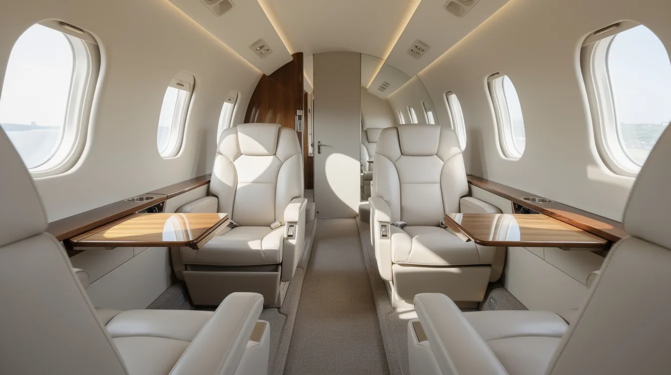 The image depicts the interior of a midsize private jet cabin, featuring luxurious leather seats and ample natural light streaming through large windows, creating an inviting atmosphere for private jet travel. This elegant space exemplifies the unmatched convenience and comfort offered by private aviation, making it a perfect solution for discerning travelers.