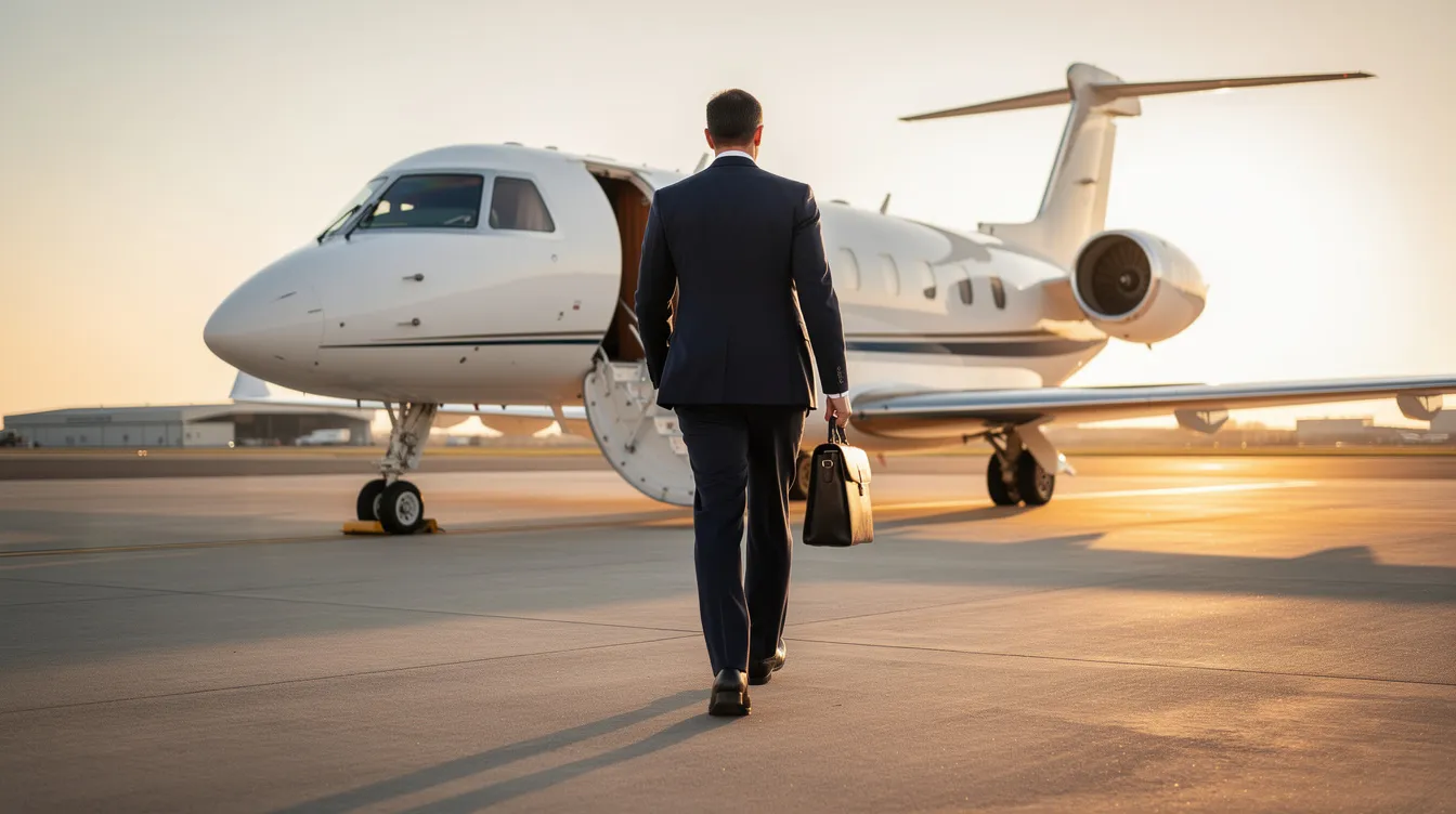 A business executive in a tailored suit confidently walks toward a private jet on a well-maintained tarmac, highlighting the convenience and luxury of private aviation for corporate travelers. This scene captures the essence of jet card programs and the benefits of on-demand charter for busy professionals.