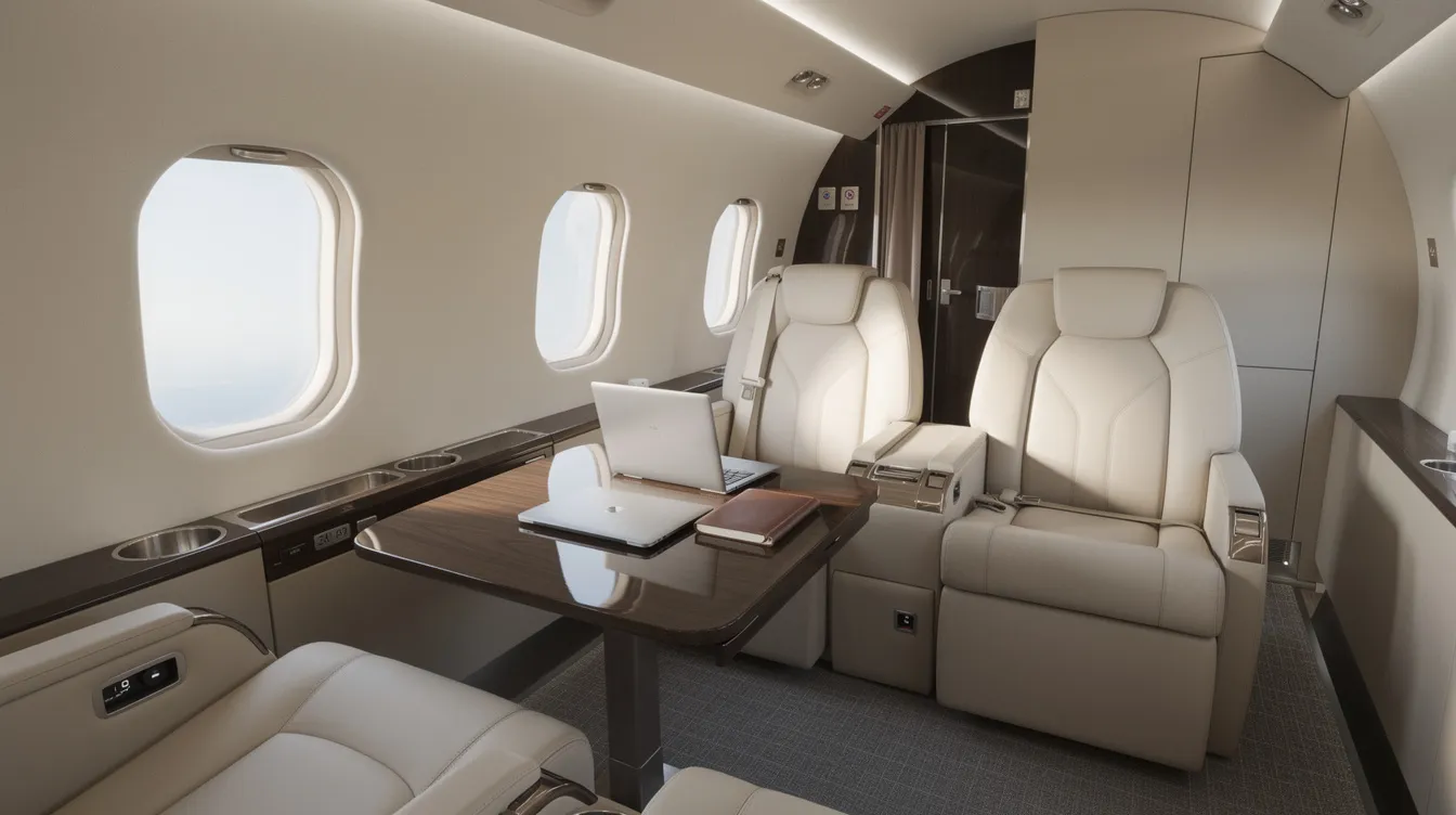 The image depicts the interior of a midsize private jet cabin, featuring plush leather seats and a worktable, all beautifully illuminated by natural light. This elegant space is designed for private aviation travelers, offering comfort and convenience for those considering jet card programs or on-demand charter flights.