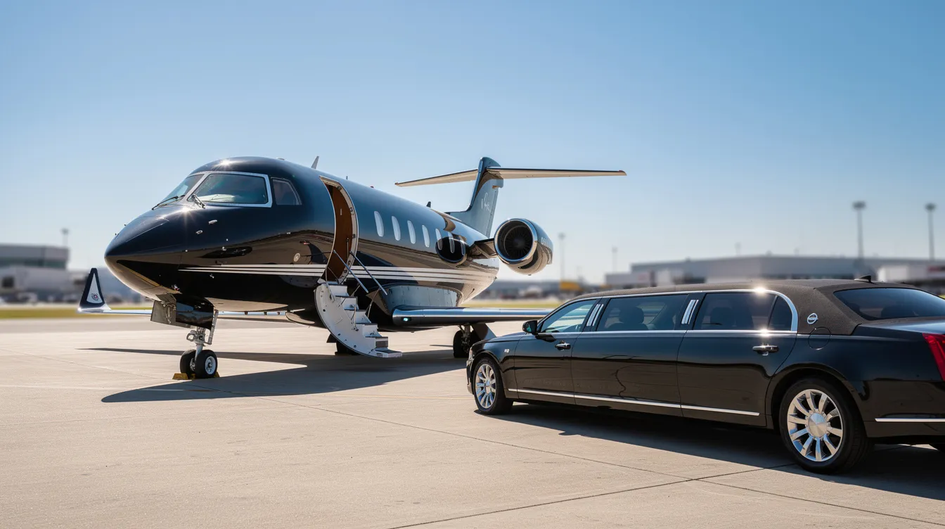 A sleek black private jet is parked on a sunny tarmac, with a luxurious limousine waiting nearby, highlighting the convenience and elegance of private aviation. This image evokes the benefits of private jet card programs, offering travelers flexibility and quick access to flights without the extra fees often associated with traditional air travel.