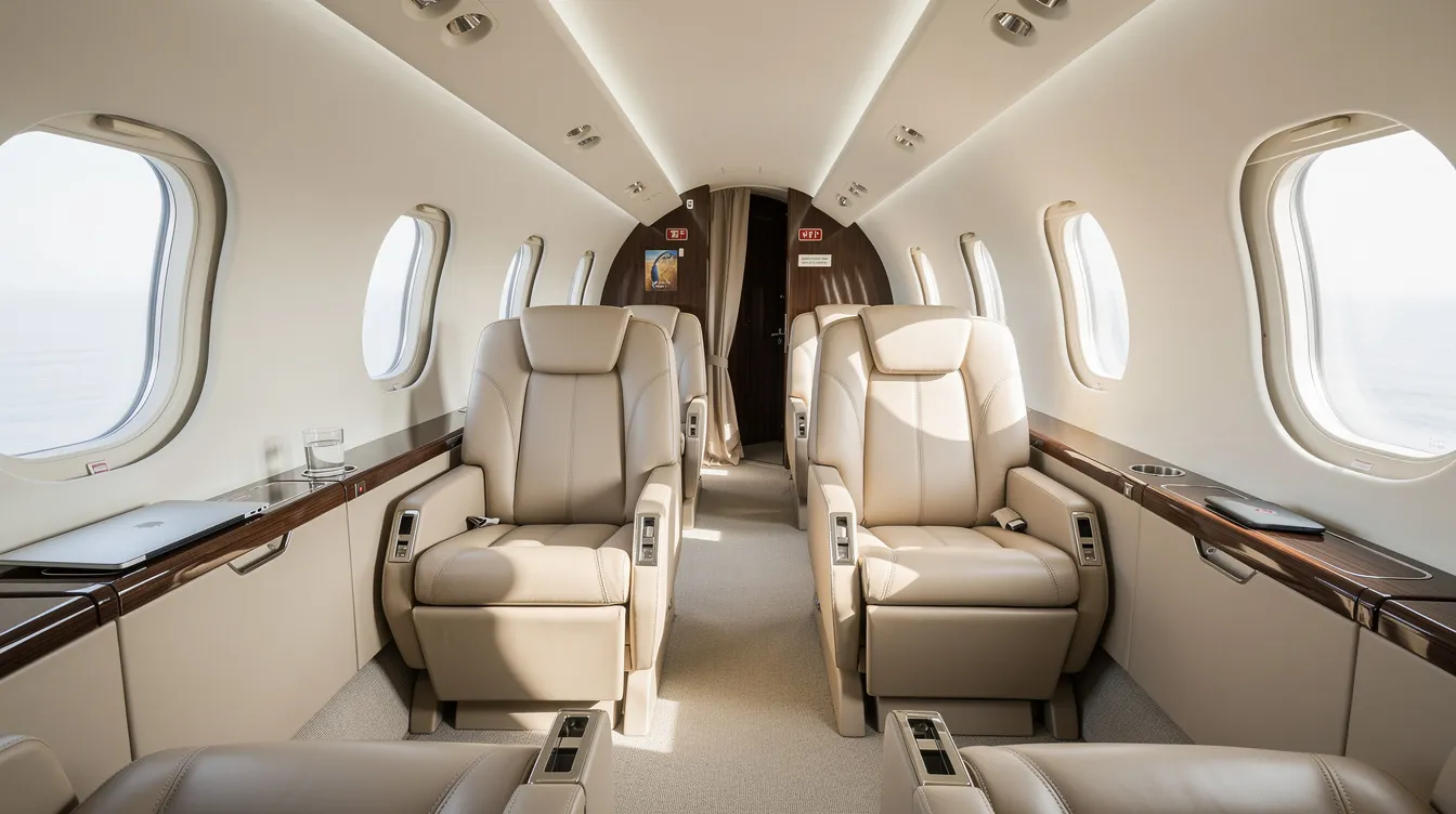 The image depicts the interior of a midsize private jet cabin, featuring luxurious leather seats and ample natural light streaming through oval windows, creating an inviting atmosphere for private air travel. This elegant setting is ideal for jet card holders looking for comfort and style during their flight hours.