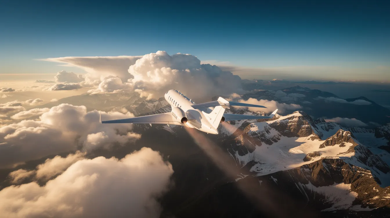 A sleek private jet ascends through fluffy white clouds, soaring above a majestic mountain range. This image captures the essence of private aviation, showcasing the freedom and luxury of private jet travel, ideal for jet card holders seeking guaranteed access to diverse aircraft categories.