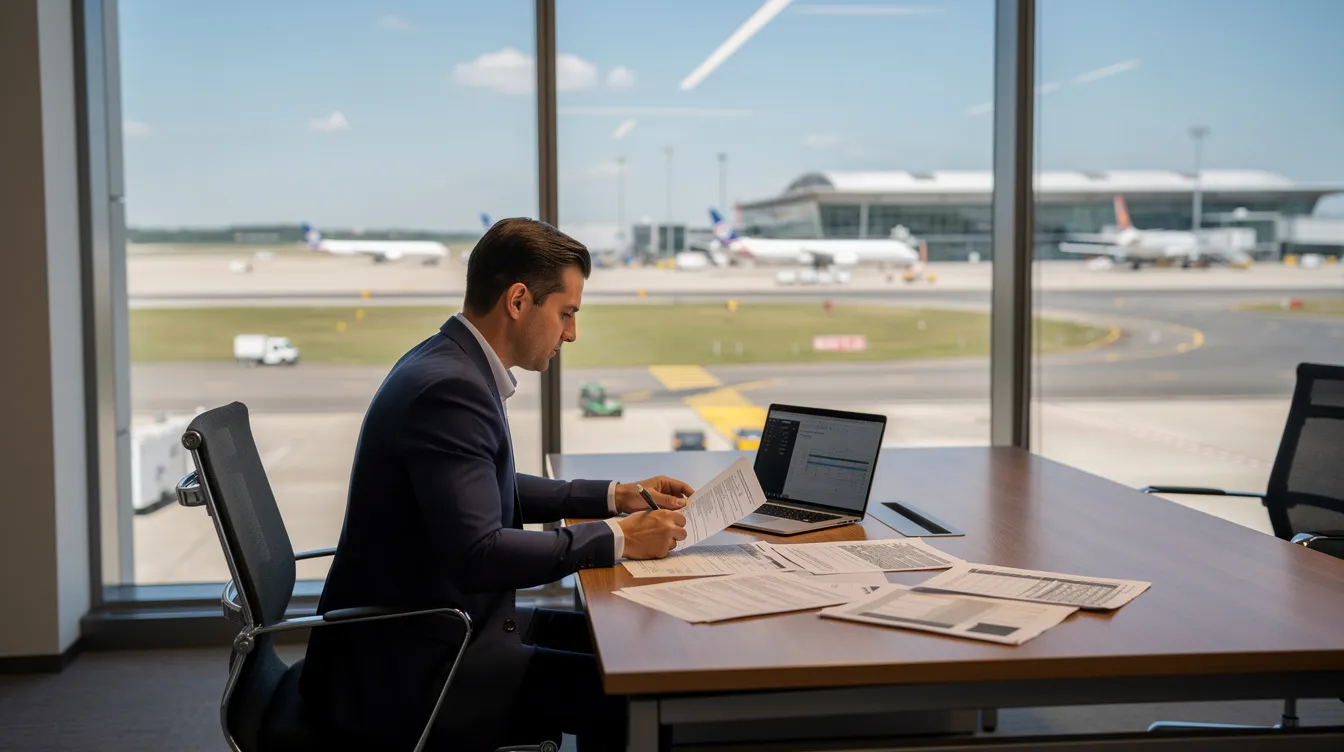 A business professional sits at a desk reviewing documents, with a view of an airport runway visible through a large window. The scene reflects the private aviation industry, highlighting the importance of aircraft ownership and management in facilitating efficient travel on private jets.