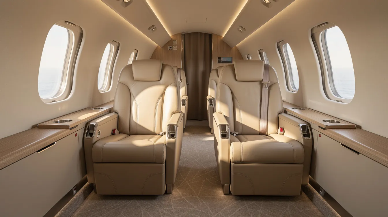 The image depicts the interior of a modern super-midsize jet cabin featuring plush beige leather seats and ample natural light streaming through oval windows, showcasing the luxurious comfort that private jets offer in the private aviation industry. This elegant space highlights the benefits of fractional ownership programs, providing a glimpse into the exceptional service and cabin space available for private jet travel.