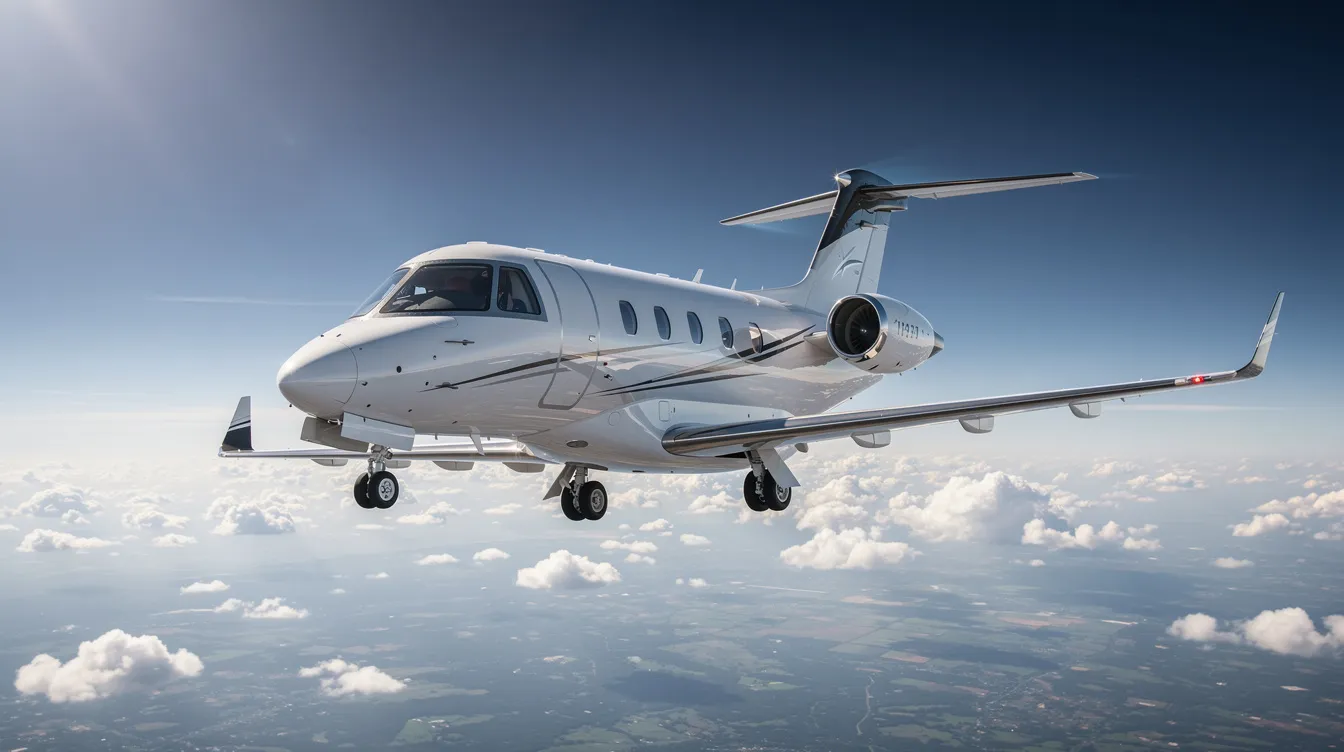 A modern very light jet, such as the Cirrus Vision Jet, is soaring through a clear blue sky with scattered clouds below, showcasing the sleek design and advanced avionics typical of new light jets. This image captures the essence of private aviation, highlighting the freedom and comfort that comes with owning such an aircraft.