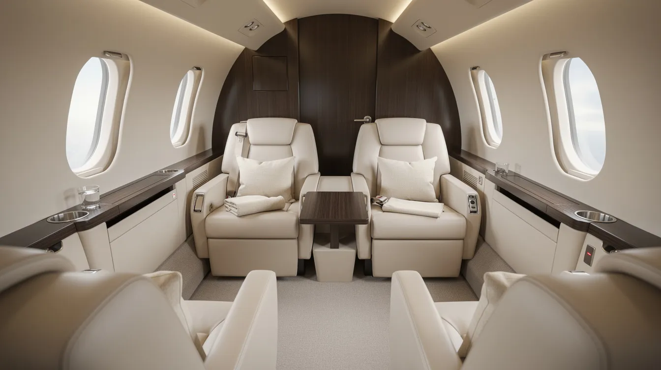 The image depicts the interior of a small private jet cabin featuring cream leather seats arranged in a club configuration, emphasizing passenger comfort in private aviation. This elegant space showcases the luxurious environment typical of very light jets, ideal for travelers seeking a sophisticated flying experience.